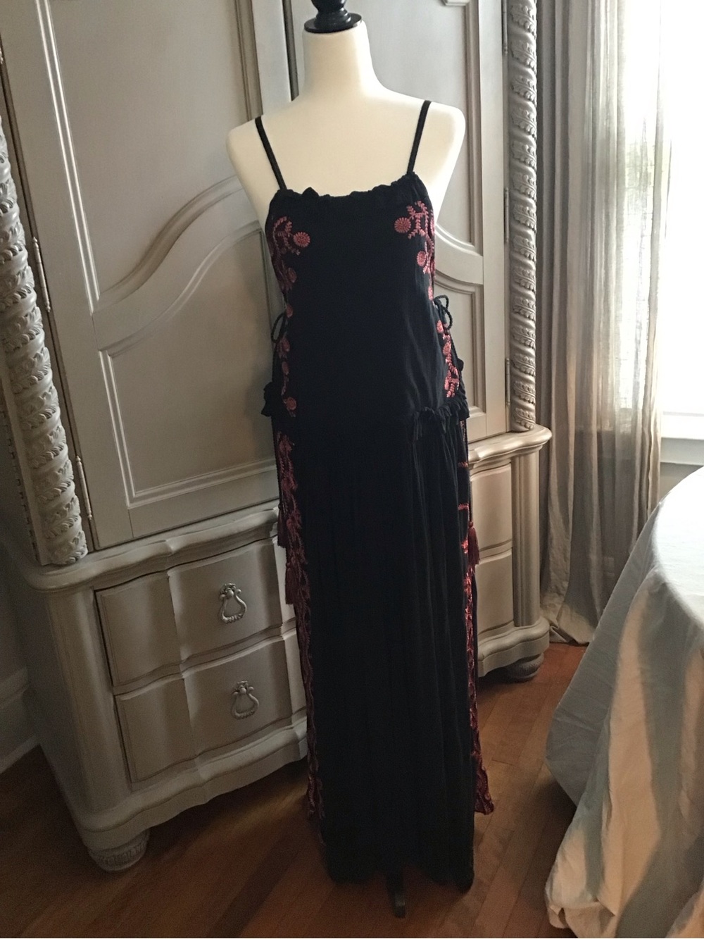 Free People Black Maxi Slip Dress with Pink Floral Embroidery